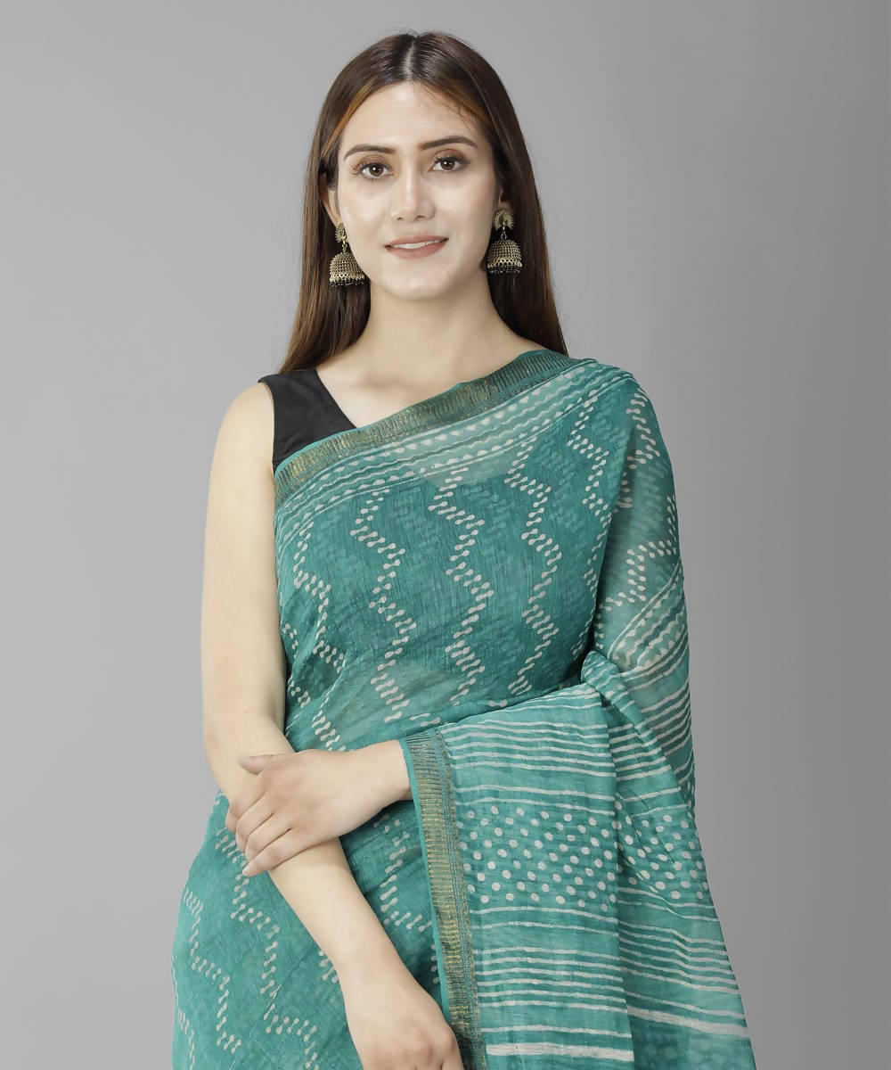 Teal green bagru handblock printed linen saree