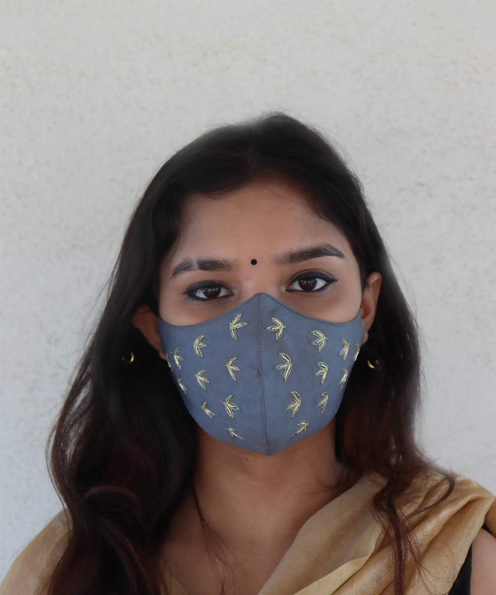 Grey festive hand embroidery face mask