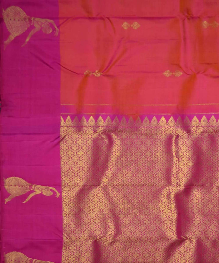 Orange Pink Handloom Dancing Lady Motif Dharmavaram Silk Saree