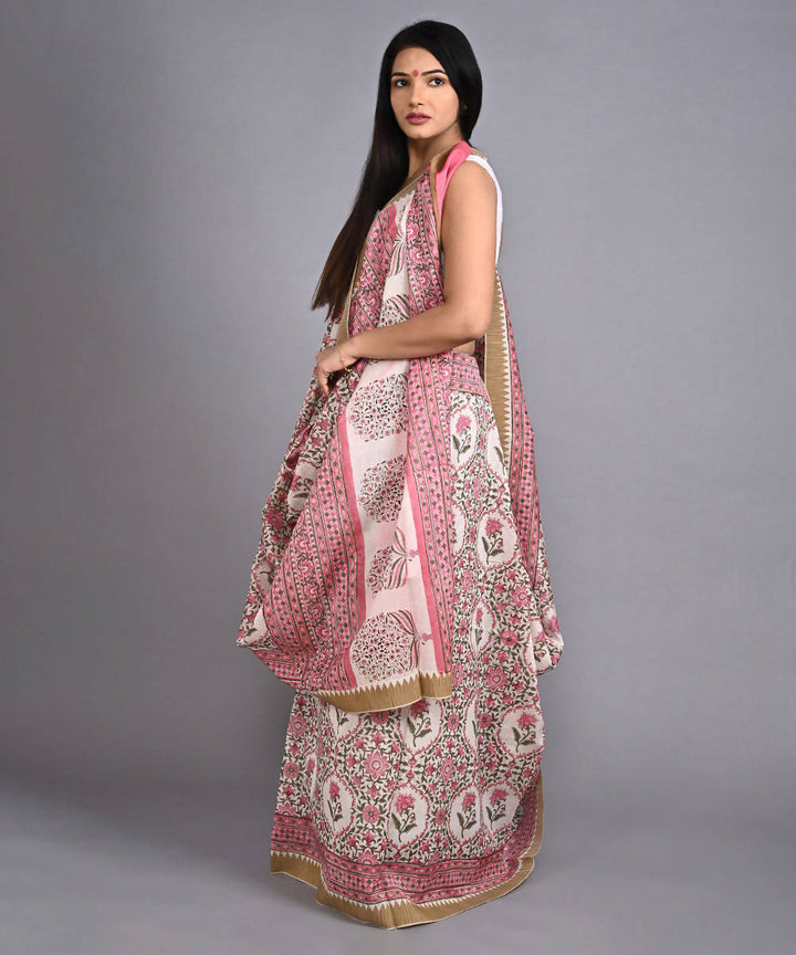 White cotton silk hand block printed saree with matching blouse