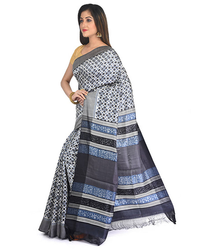 Grey handblock printed eri silk saree