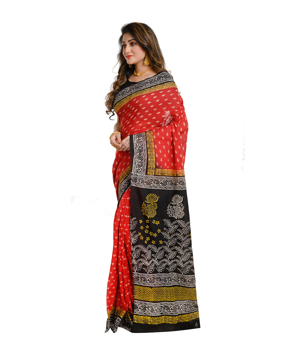 Red and black hand block print cotton bengal saree