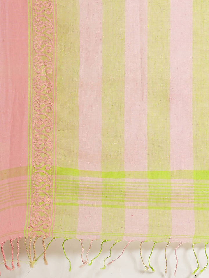 Biswa bangla pink and green handwoven linen saree