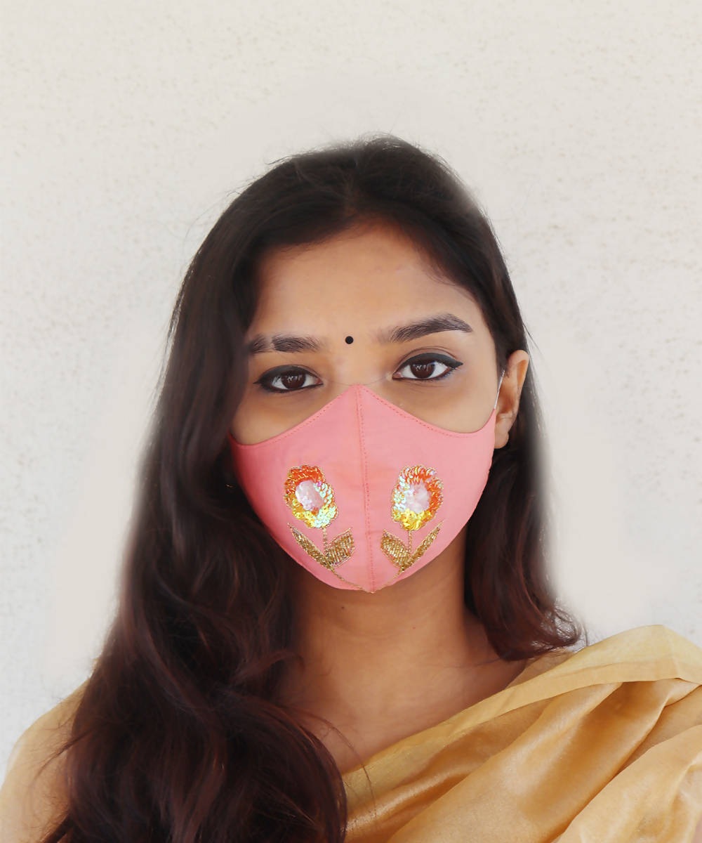 Peach festive hand embroidery face mask