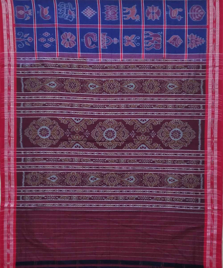 Blue red handwoven nuapatana ikat cotton saree