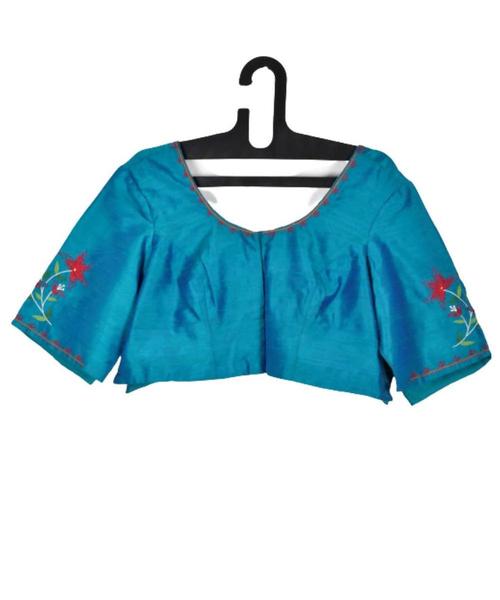 Dual shaded blue raw silk blouse with embroidery lily motifs