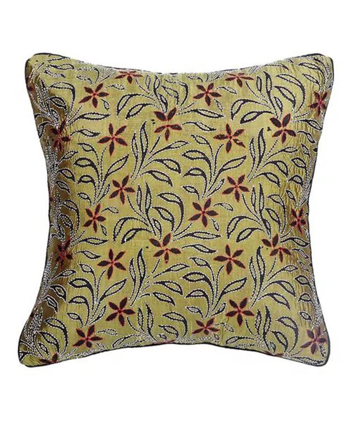 Kantha stitch hand embroidery green tussar silk cushion cover