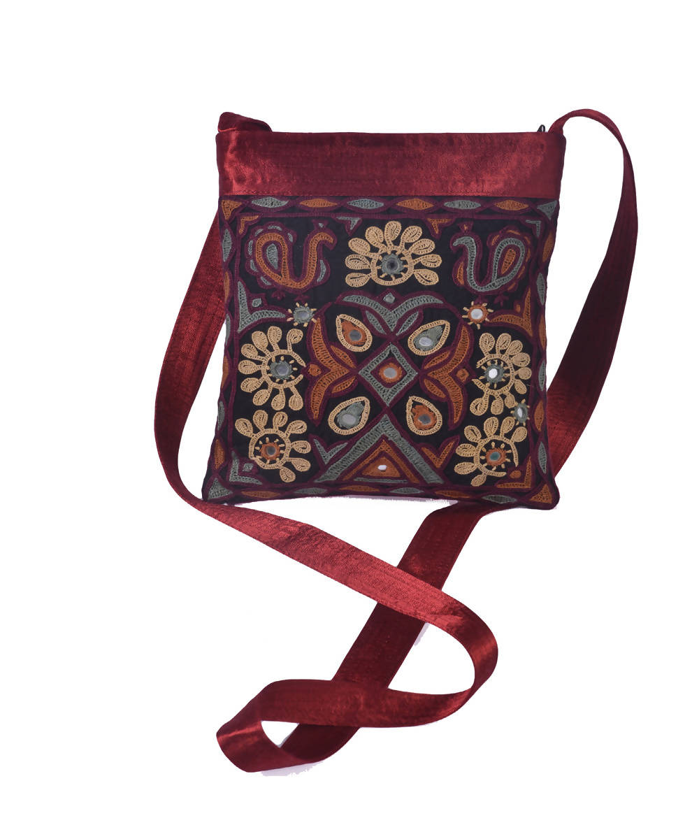 Hand embroidery maroon mashroo cross body sling bag
