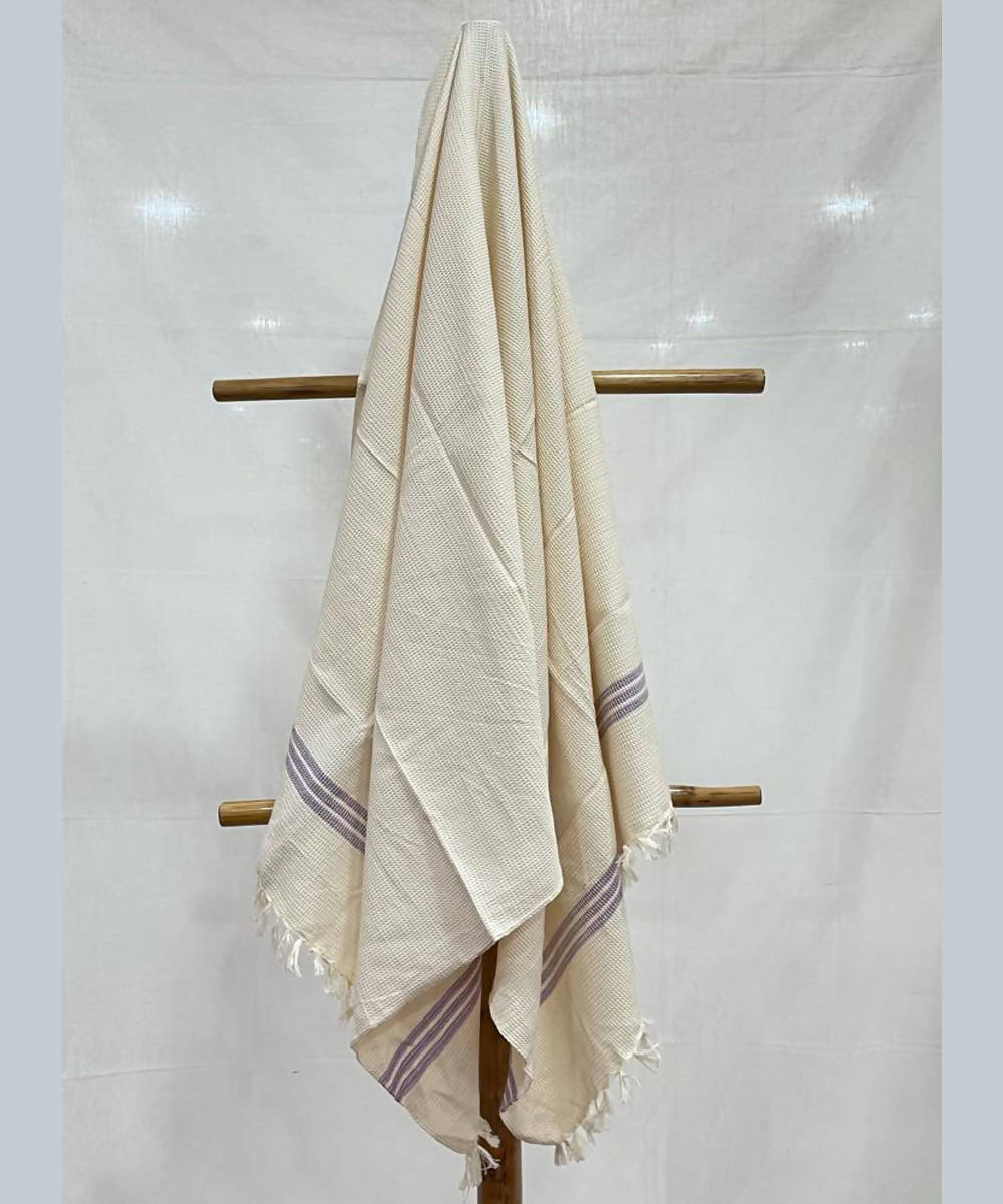 Waffle weave offwhite purple handwoven coarse cotton towel