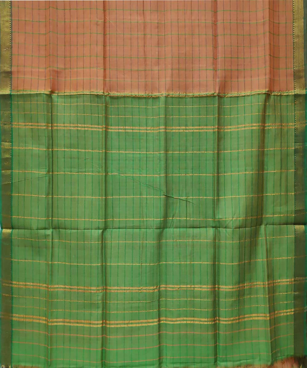 Light orange and green checks handloom cotton silk mangalagiri saree