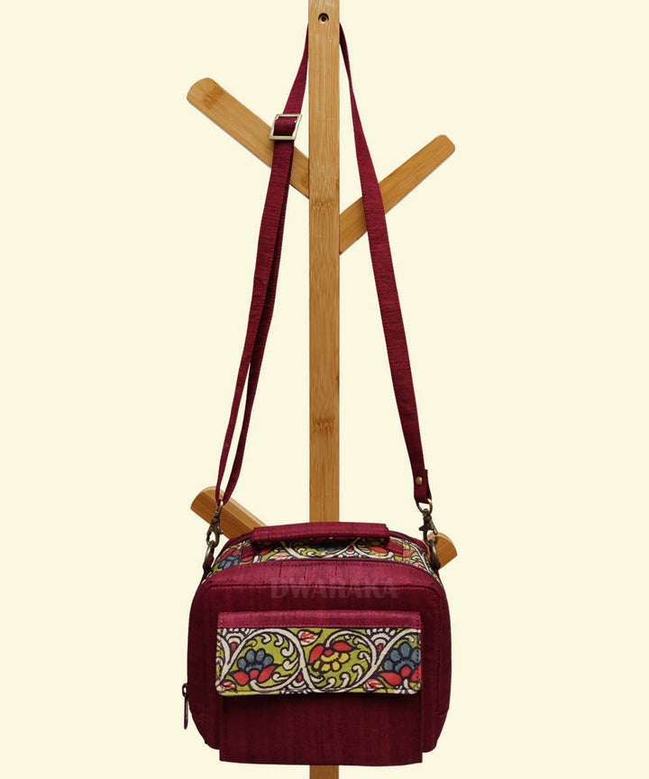 Maroon ghicha silk hand painted kalamkari box sling bag