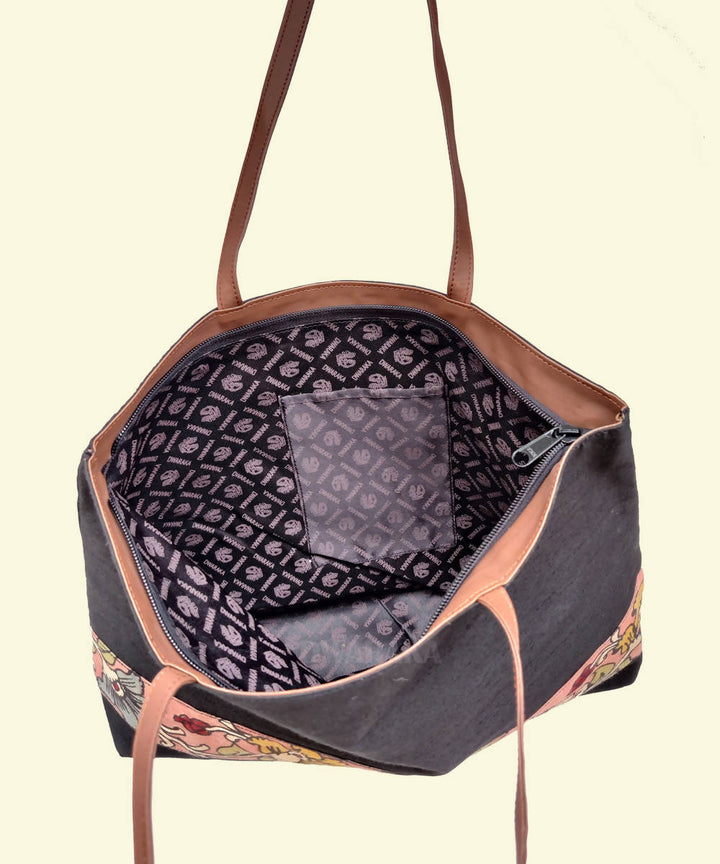 Black hand painted kalamkari cotton silk tote bag