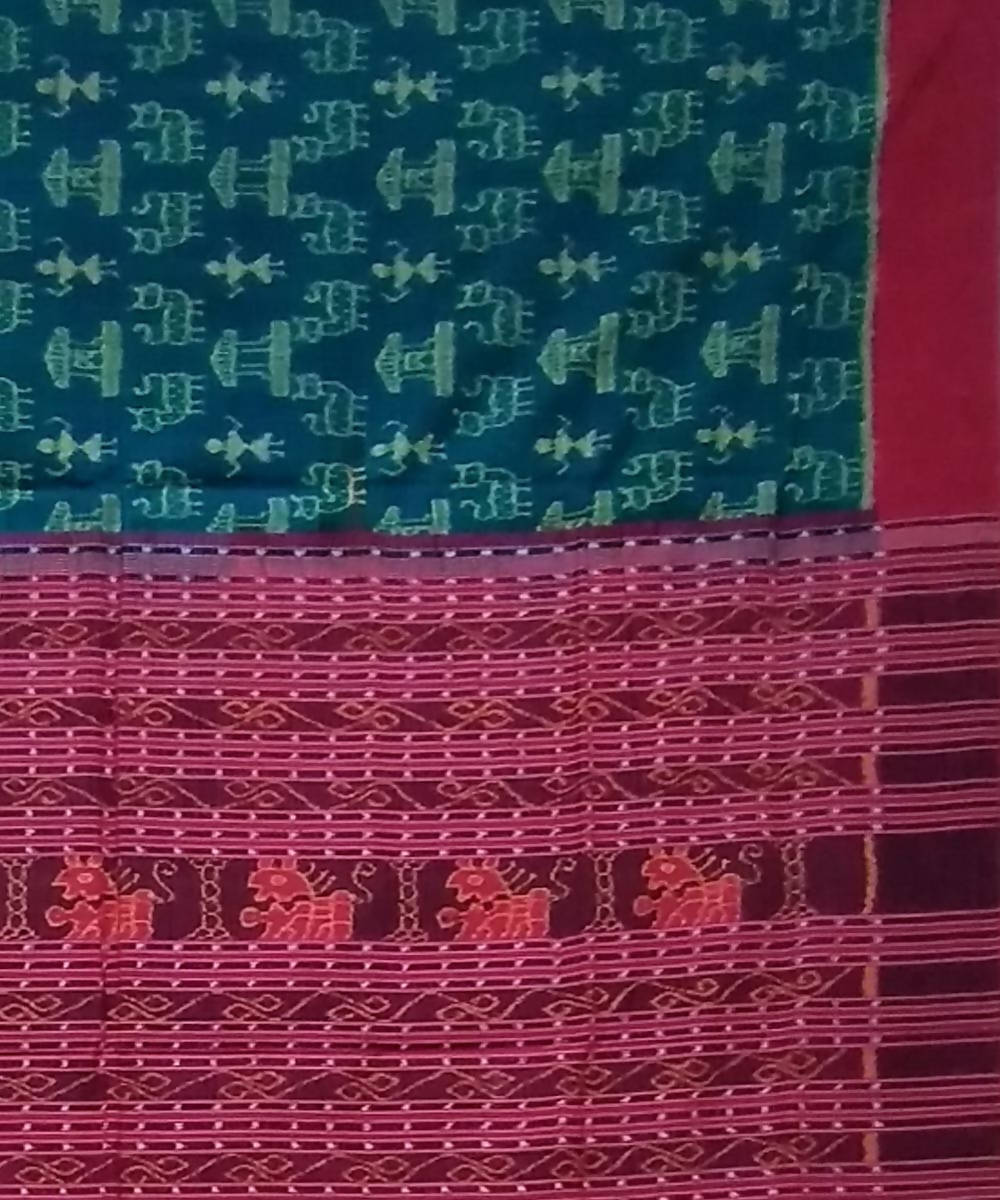 Dark green red handwoven cotton sambalpuri saree