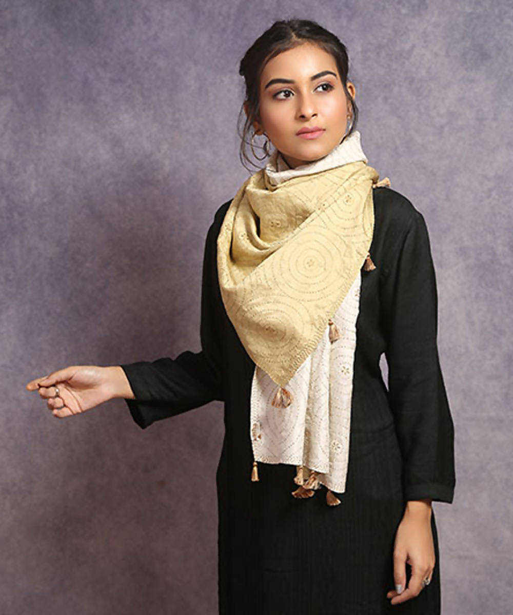 Beige black hand embroidery reversible silk stole