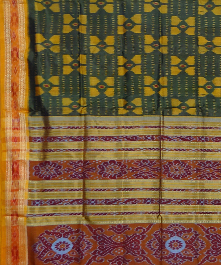 Dark green yellow handwoven silk khandua saree