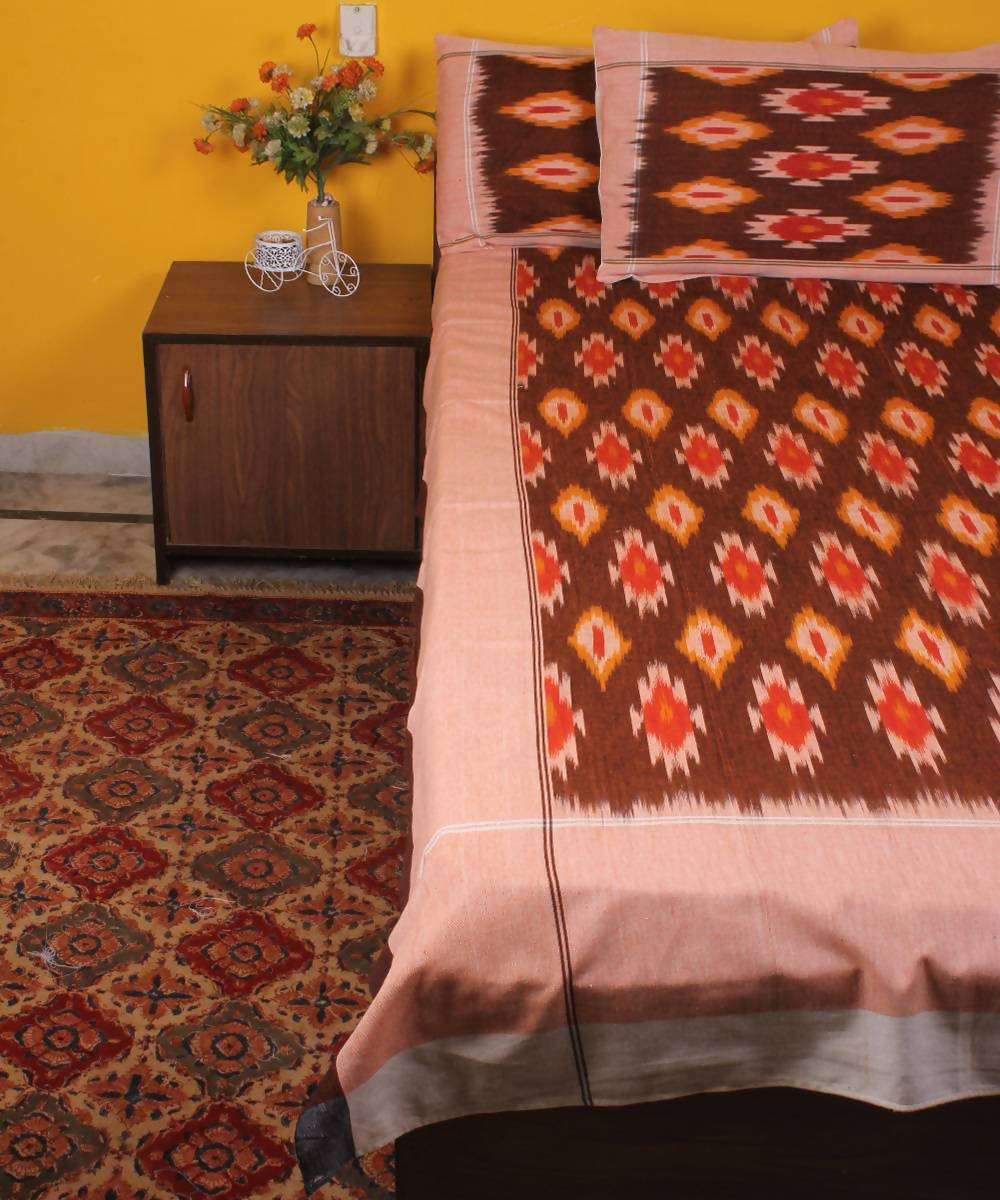 Brown Handloom Ikkat Cotton Bedsheet