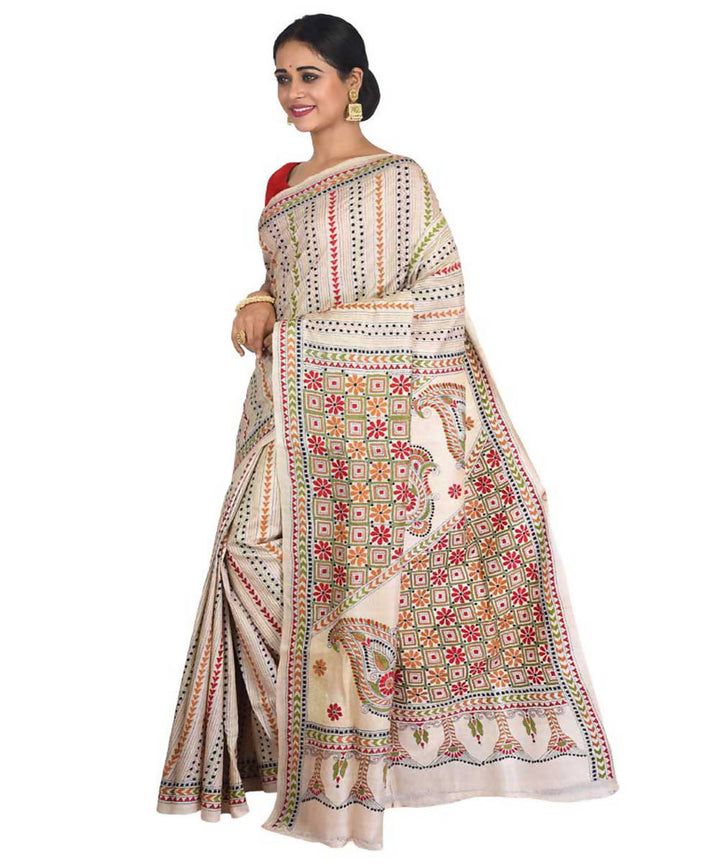 Cream bengal kantha stitch hand embroidery tussar silk saree