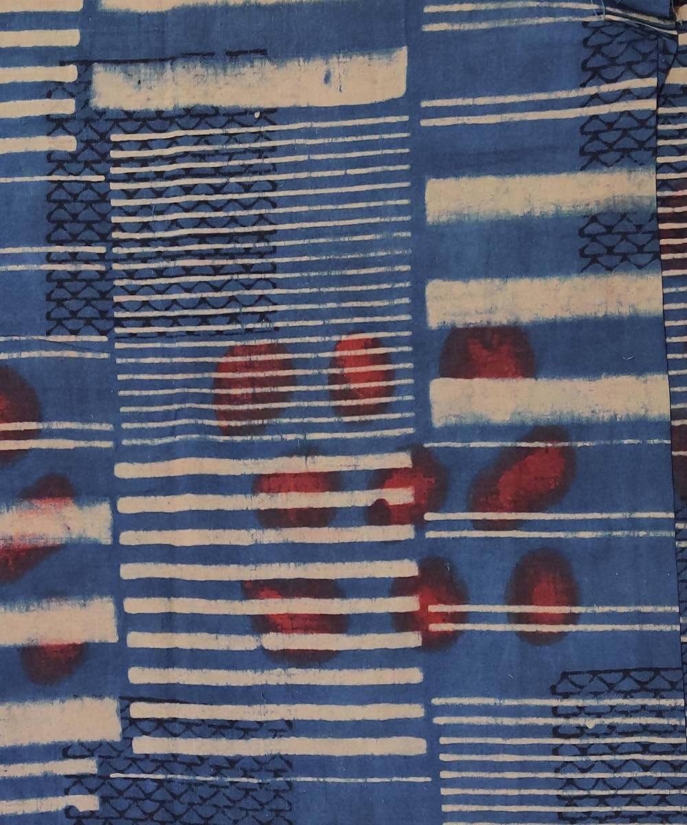 Blue and red natural dye ajrakh print organic handspun cotton fabric