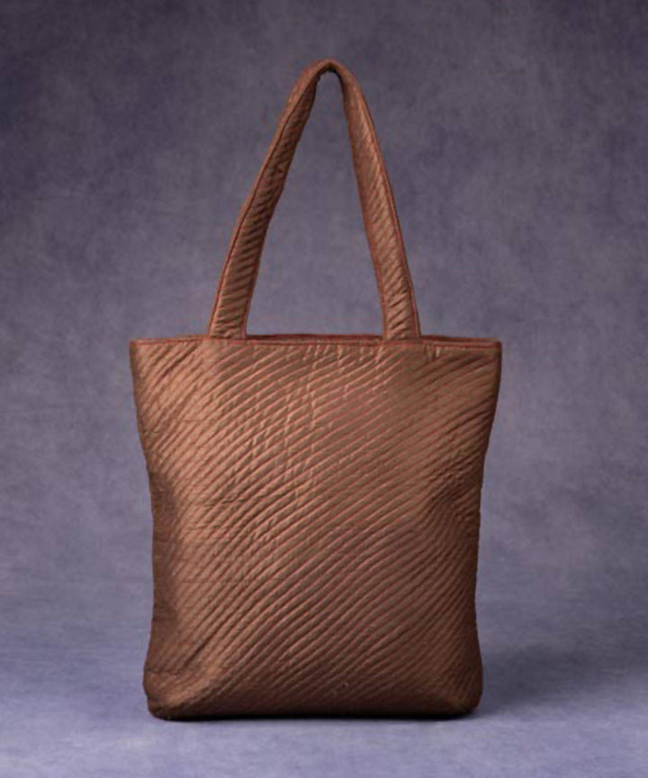 Brown hand made silk tote bag with leather and handle