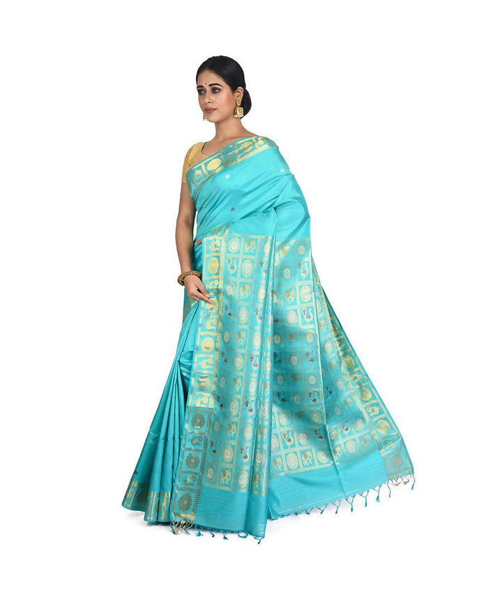 Turquoise Green Bengal handwoven silk saree