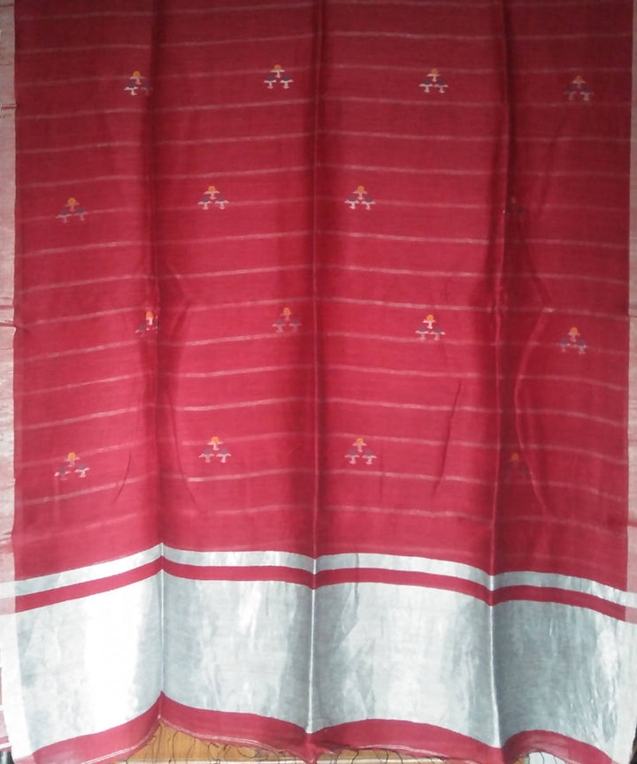 Dark red bengal handwoven linen silk saree