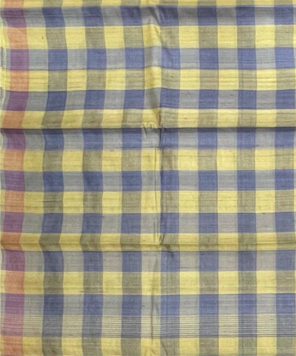 Yellow and grey checks natural dye handwoven tussar silk saree