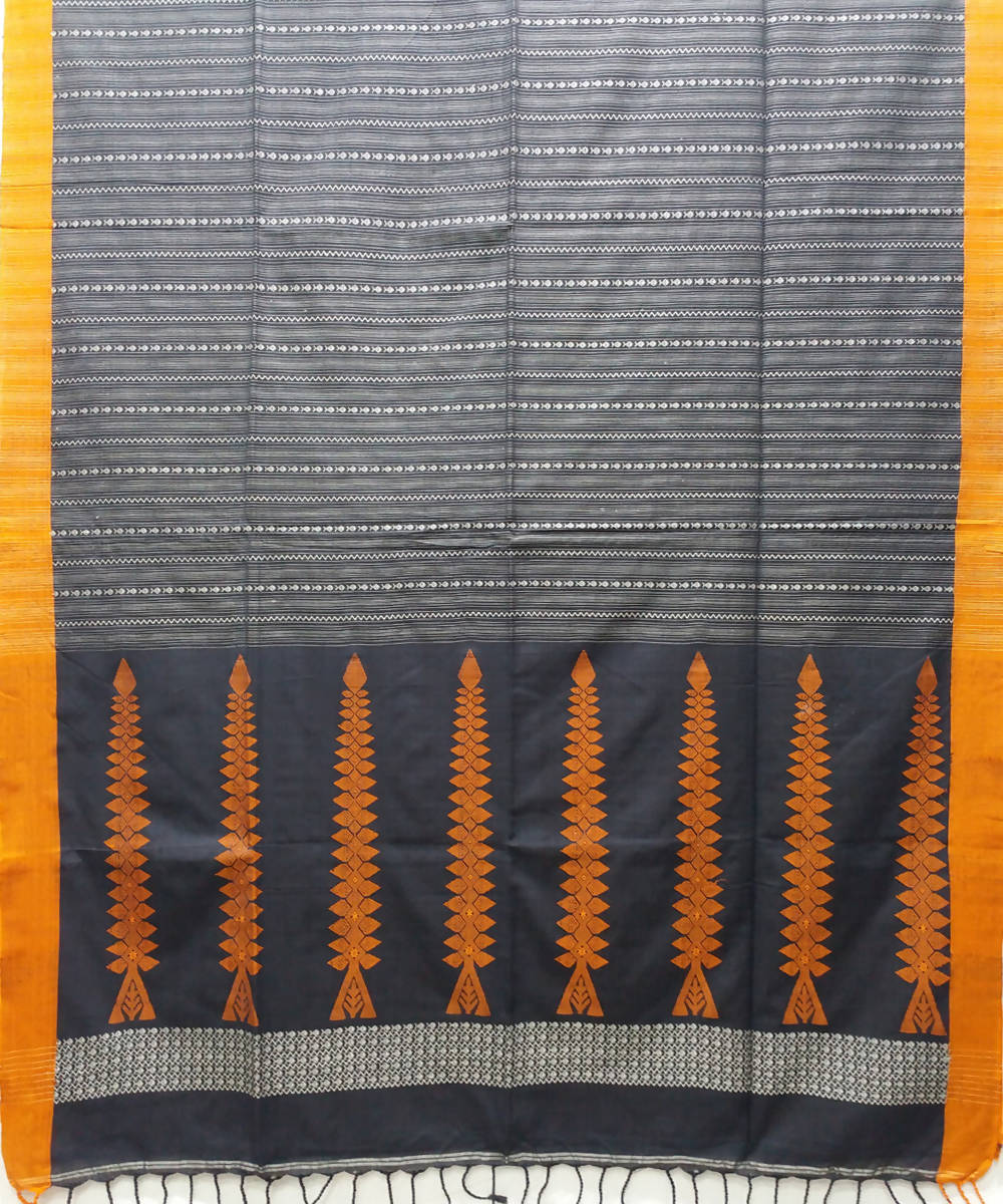 Bengal handspun handloom cotton black and orange saree