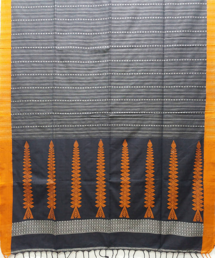 Bengal handspun handloom cotton black and orange saree