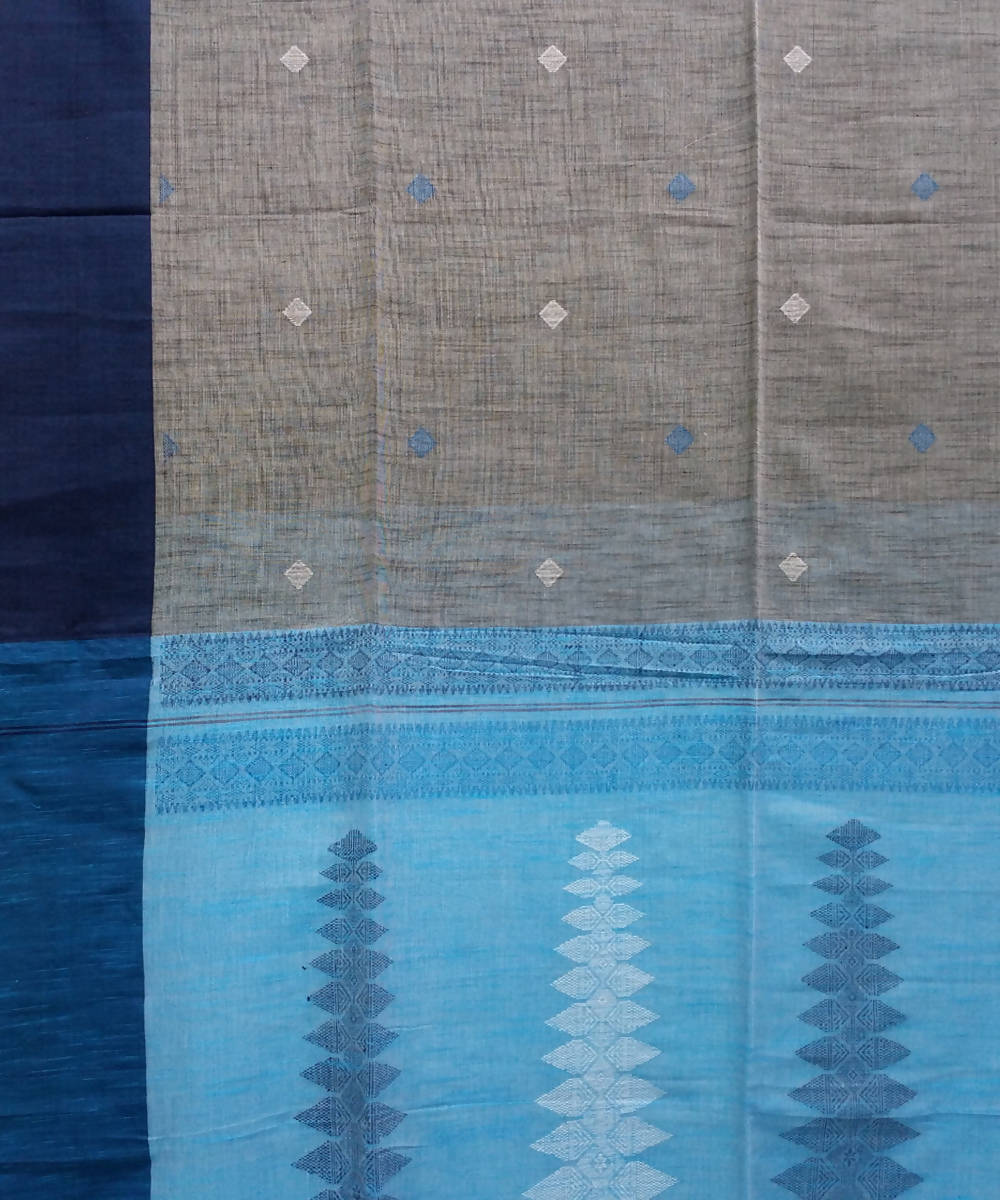 Light grey and blue handwoven cotton bengal saree