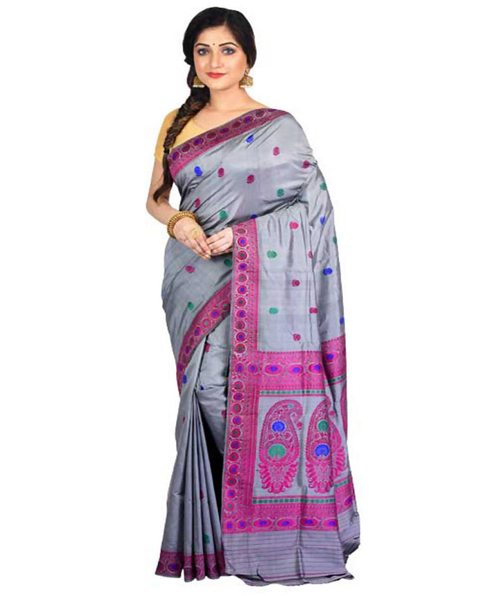 Grey purple handwoven baluchari silk saree