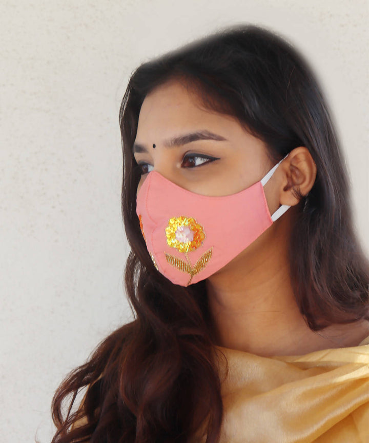 Peach festive hand embroidery face mask