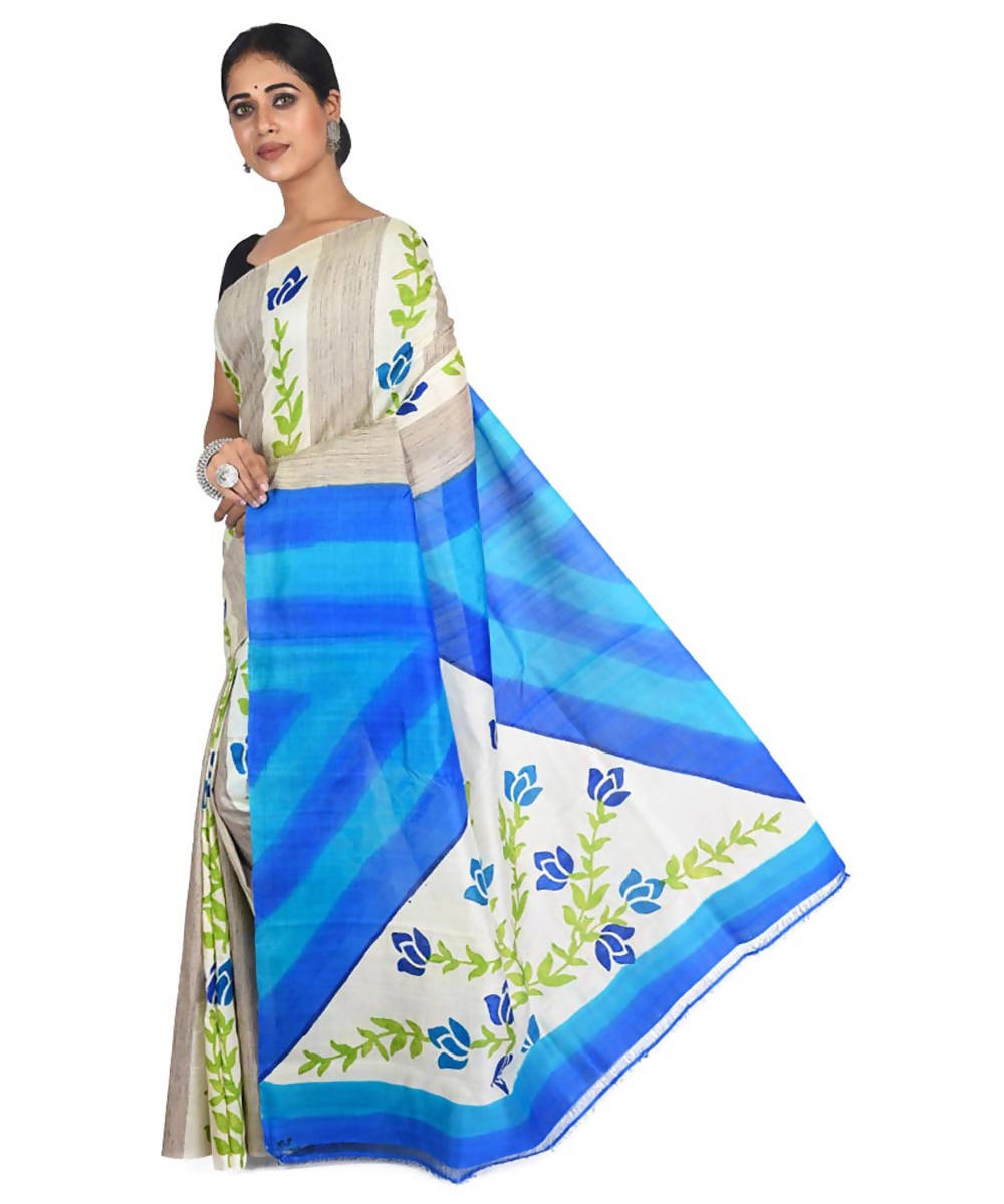 Beige blue hand painted handwoven silk with tussar ketia stripe saree