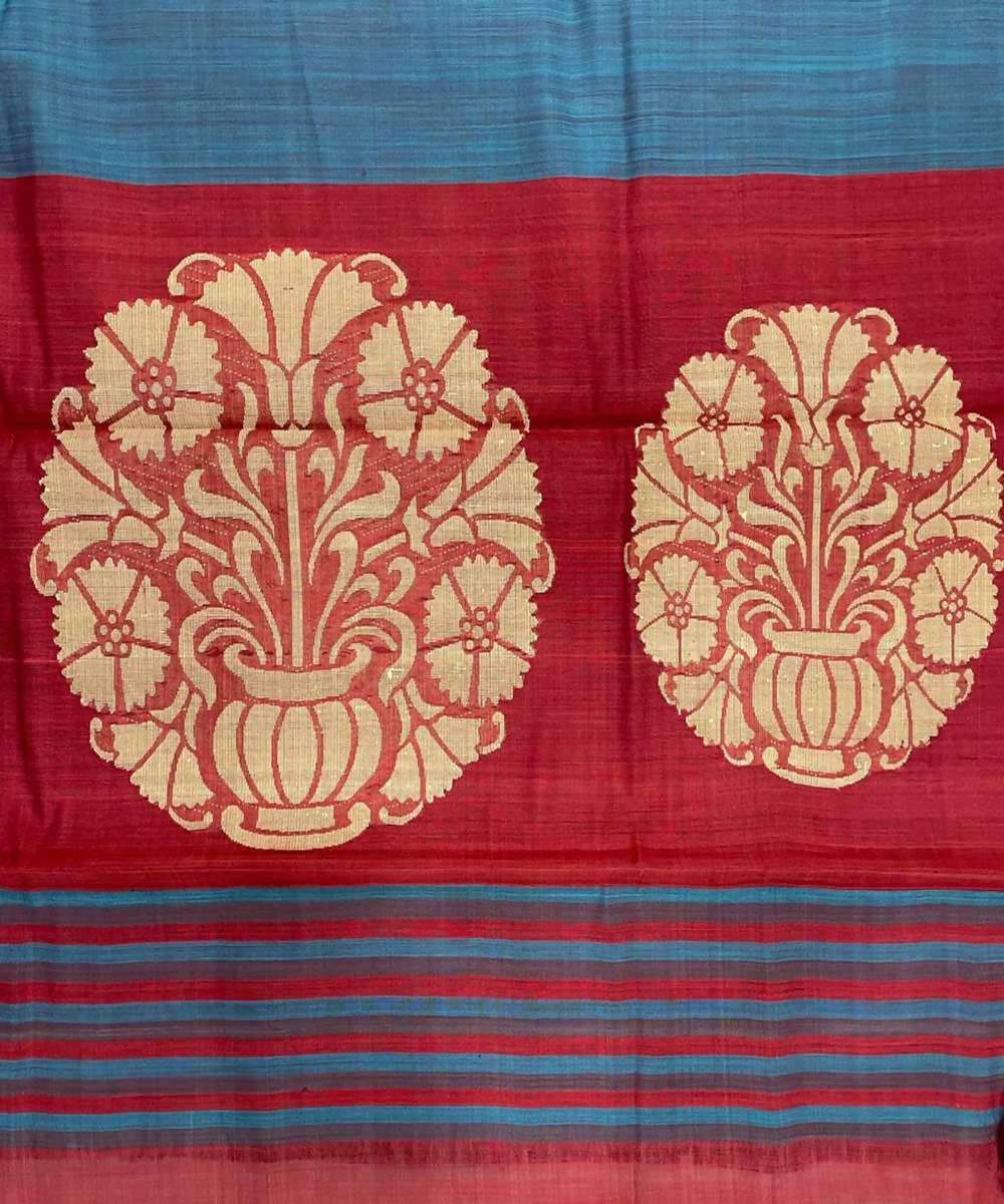 Red grey blue handwoven striped tussar silk saree