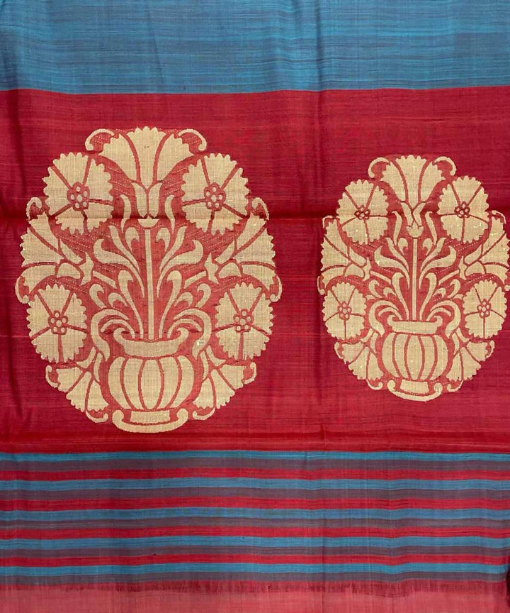 Red grey blue handwoven striped tussar silk saree