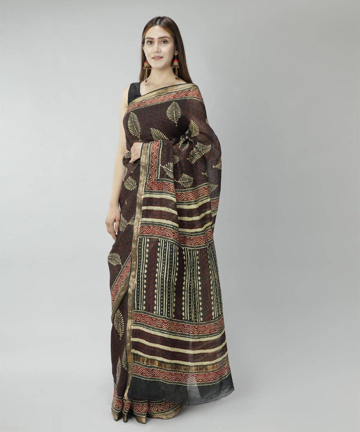 Brown bagru handblock printed linen saree