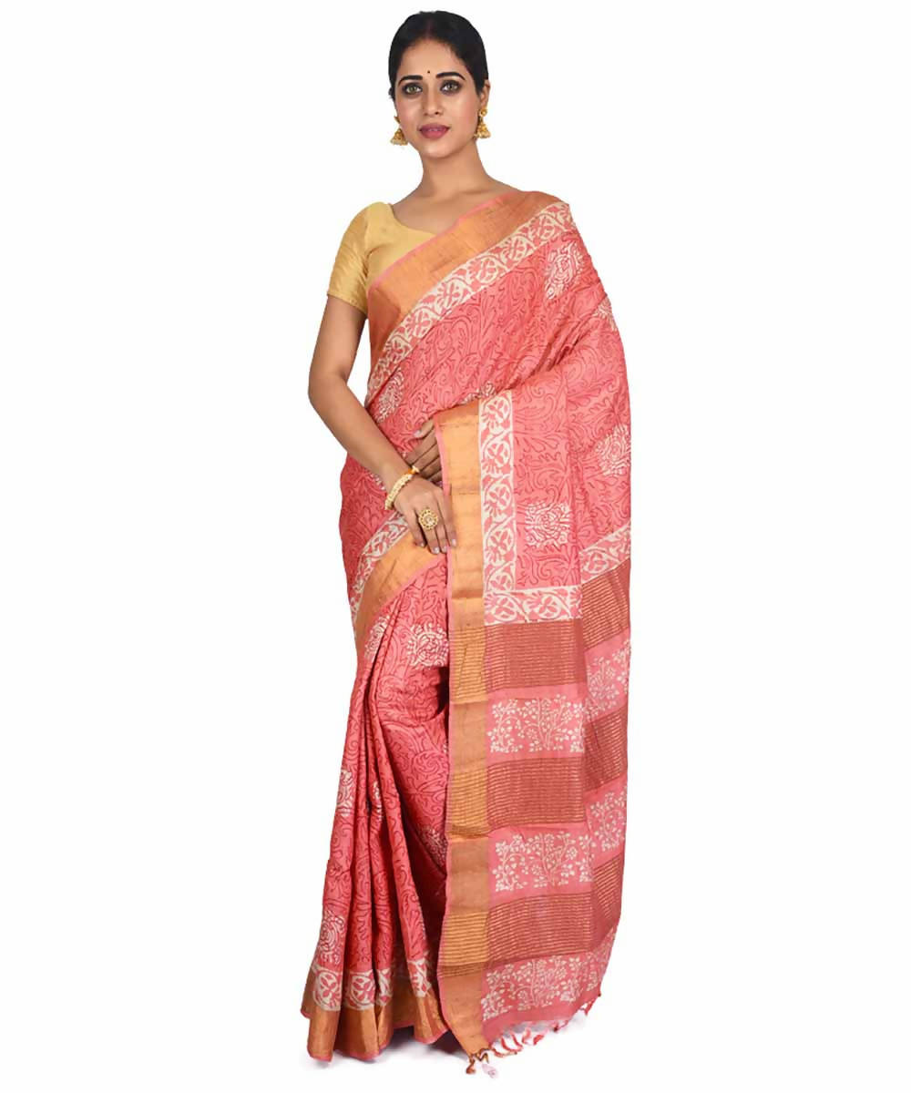 Peach hand block print handwoven mulberry and tussar silk saree