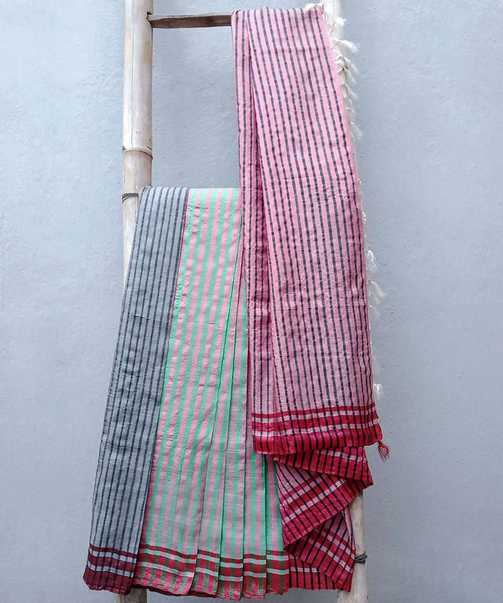 Pink green handwoven cotton silk saree