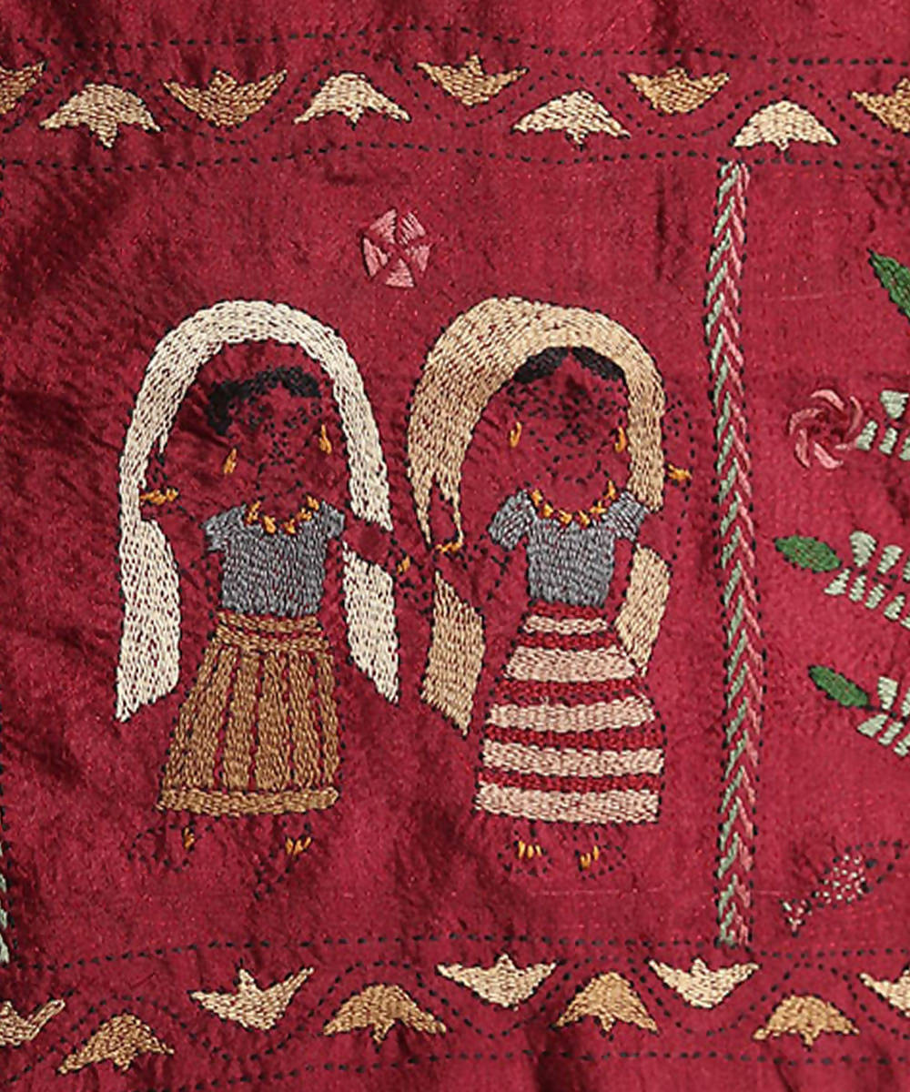 Maroon peach hand embroidery reversible silk stole