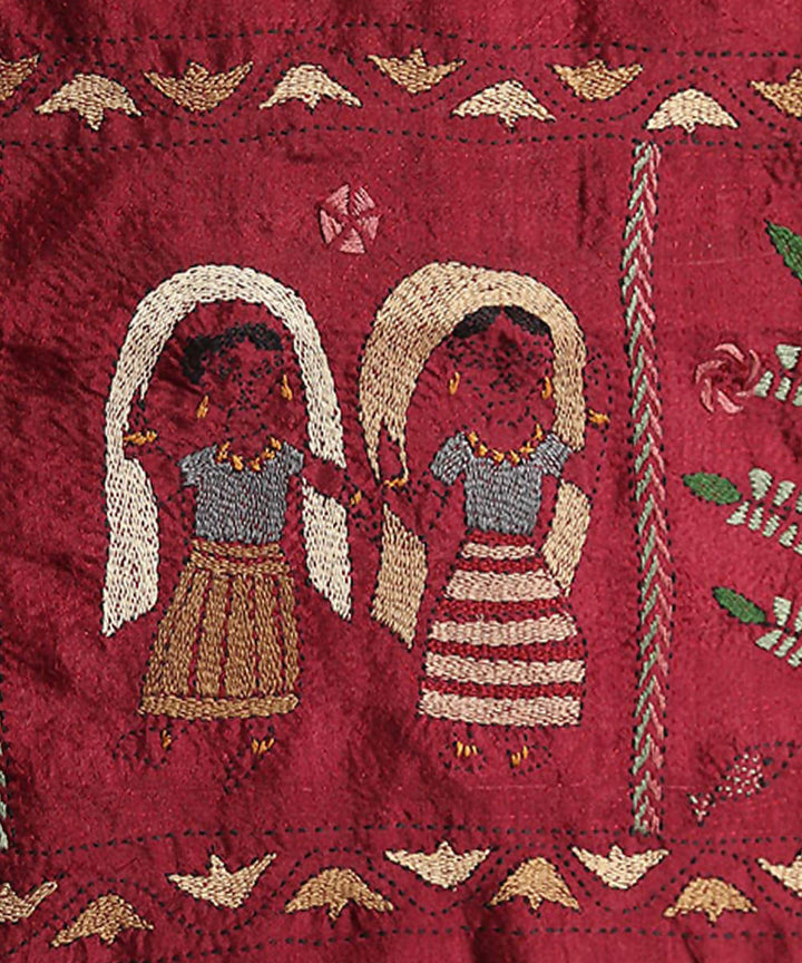 Maroon peach hand embroidery reversible silk stole