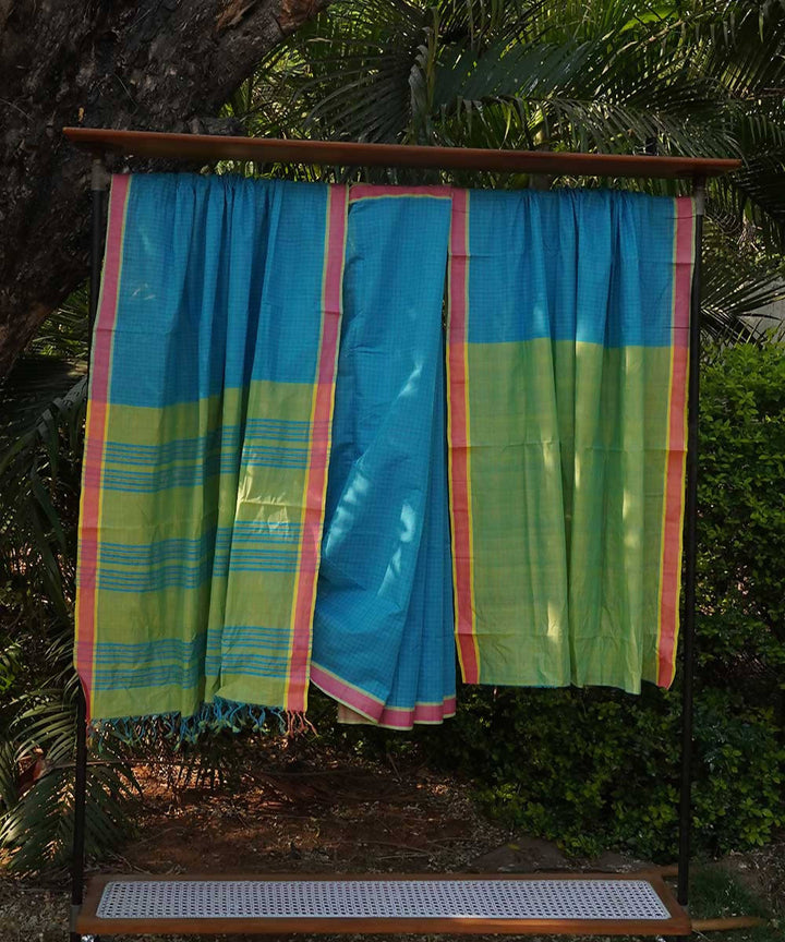 Sky Blue and green Cotton Handwoven mangalagiri saree