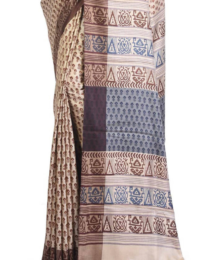 Beige hand block printed eri silk saree