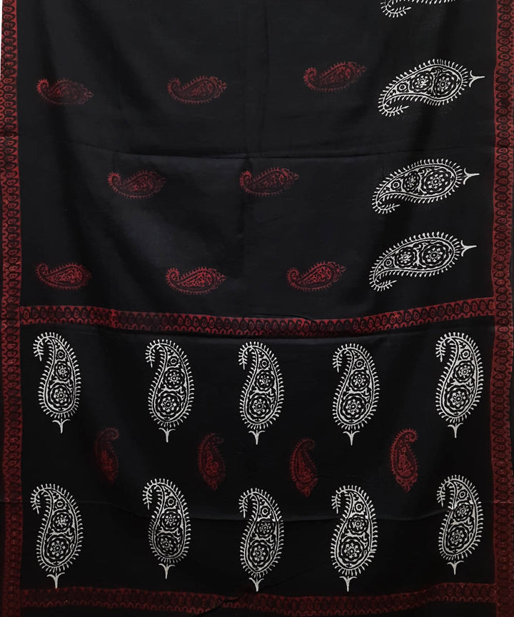 Black handblock printed paisley motif mul cotton saree