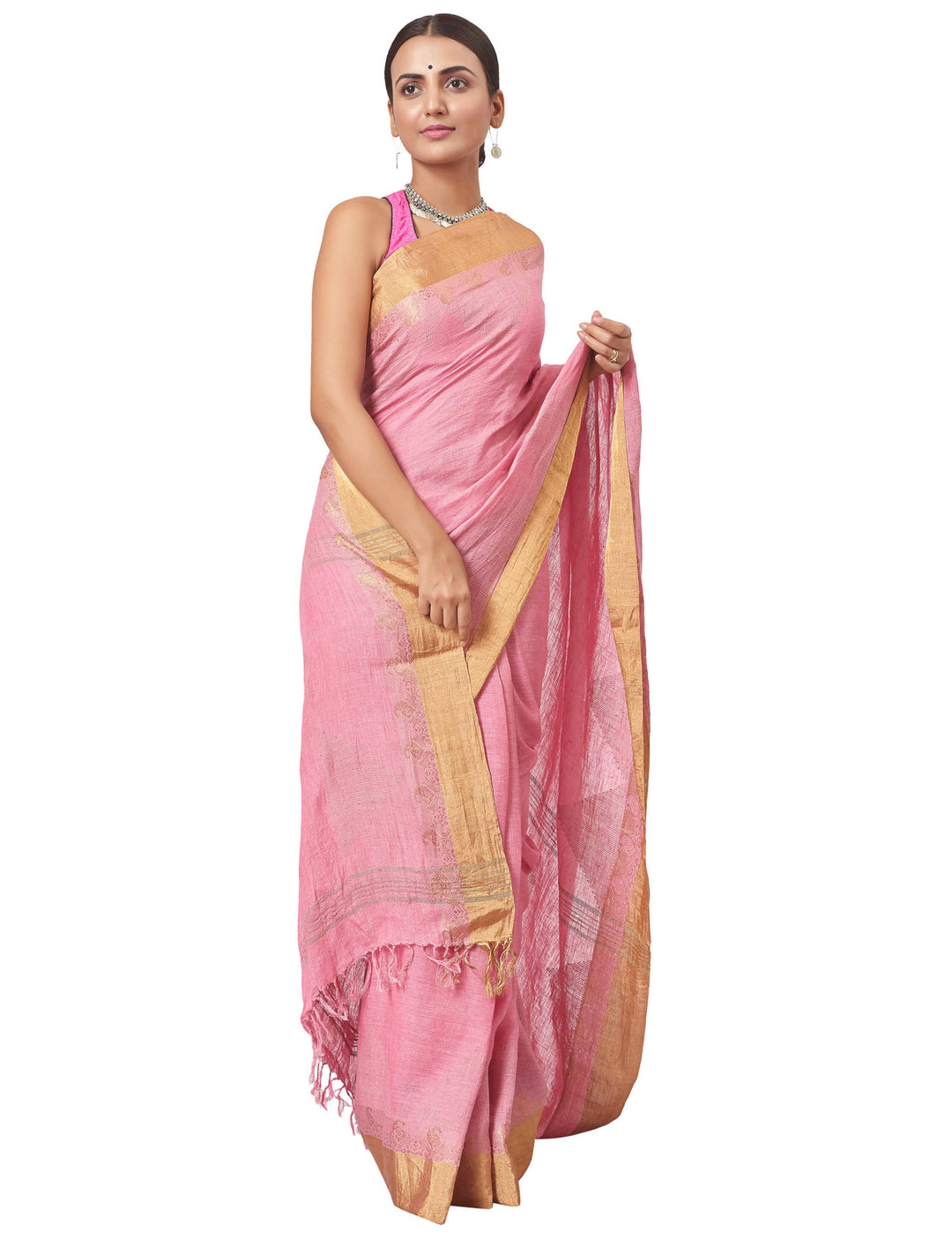 Biswa bangla handwoven pink linen nettle jacquard saree with Zari work