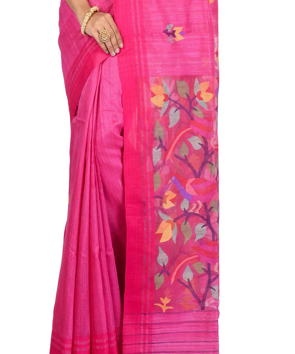 Pink bengal handloom mulberry silk jamdani saree