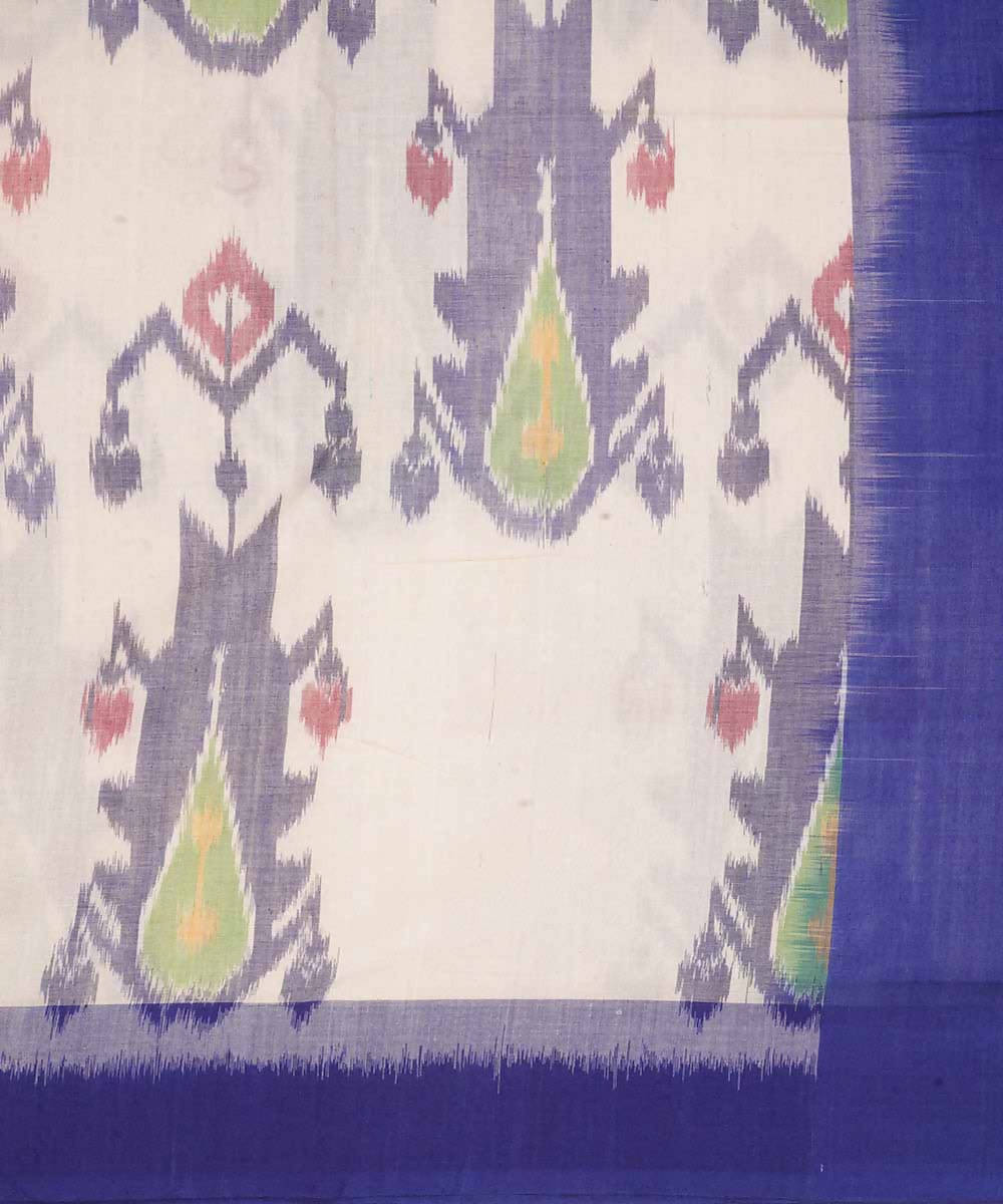 White and blue cotton handwoven ikat pochampally saree