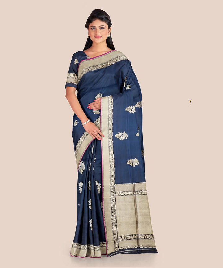 Navy blue handloom silk katan banarasi saree