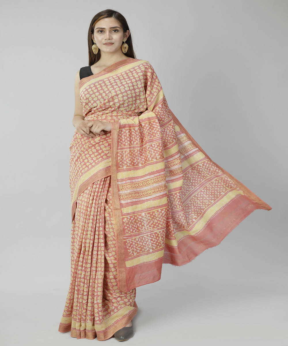 Peach bagru handblock printed cotton silk saree