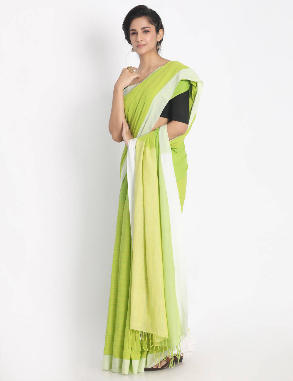 Lime green handspun handwoven cotton saree