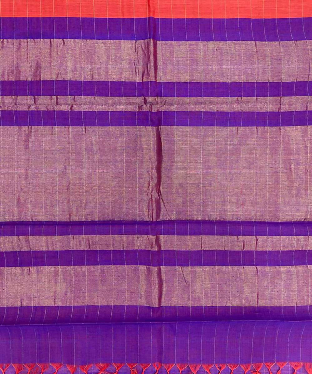 Orange blue handwoven temple border tussar silk saree