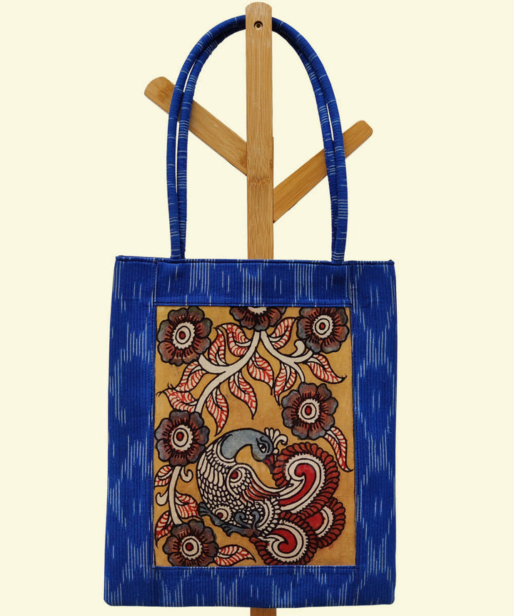 Hand painted kalamkari blue ikat tote bag